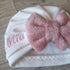 Ensemble Prénom Brodé Turban nœud + moufles + bandeau + chaussons assortis en tissu polaire alpine finition fourrure _ Oeko-Tex
